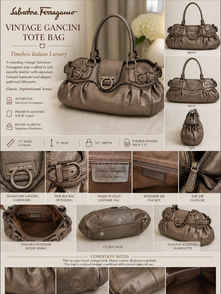 Salvatore Ferragamo Vintage Metallic Gancini Leather Tote Bag Italy 2000s
